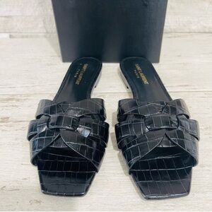 Saint Laurent Size 37 YSL Leather TRIBUTE Black Croc Embossed Flat Slide Sandals